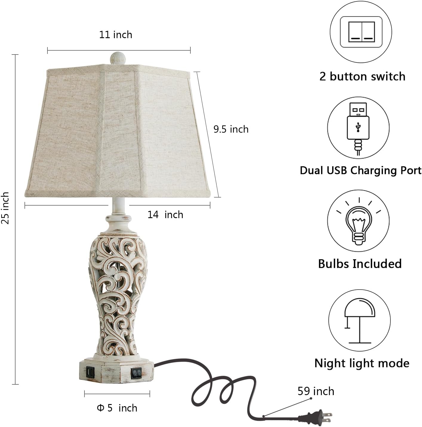 Hollow Resin Farmhouse Table Lamp USB Nightlight