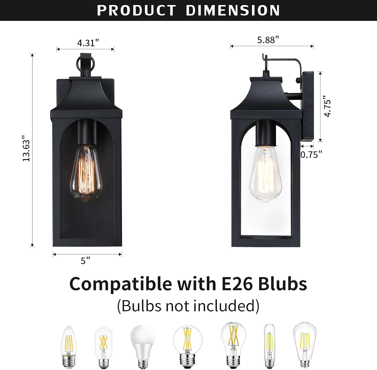 2 Pack Matte Black Outdoor Wall Lantern Clear Glass