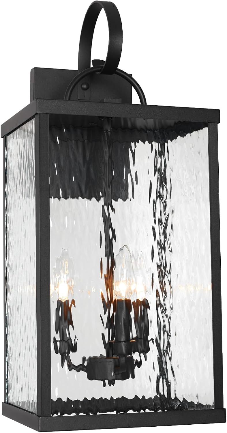 24 Inch Matte Black Outdoor Wall Lantern Water Ripple Glass
