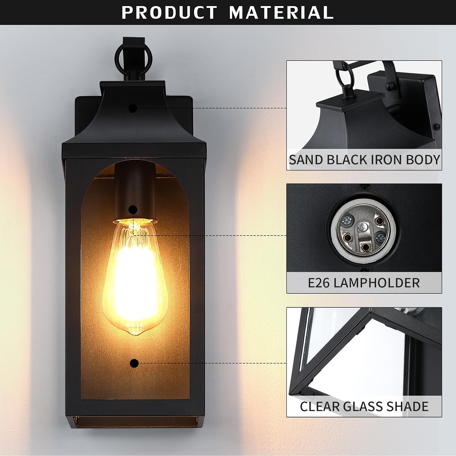 2 Pack Matte Black Outdoor Wall Lantern Clear Glass