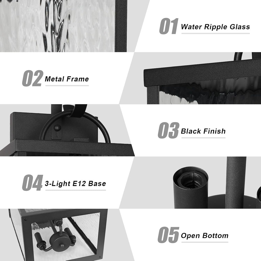 24 Inch Matte Black Outdoor Wall Lantern Water Ripple Glass