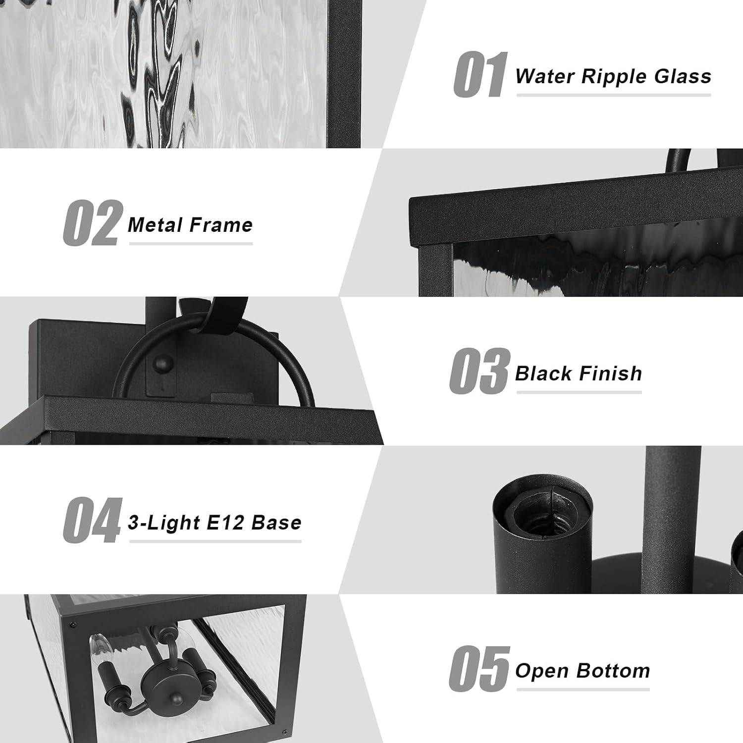 24 Inch Matte Black Outdoor Wall Lantern Water Ripple Glass