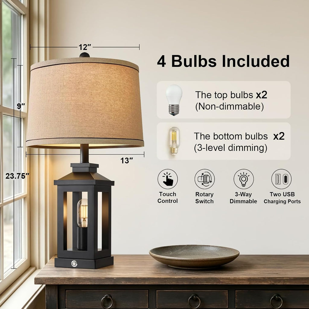 Black Farmhouse Table Lamps Set of 2 USB Ports