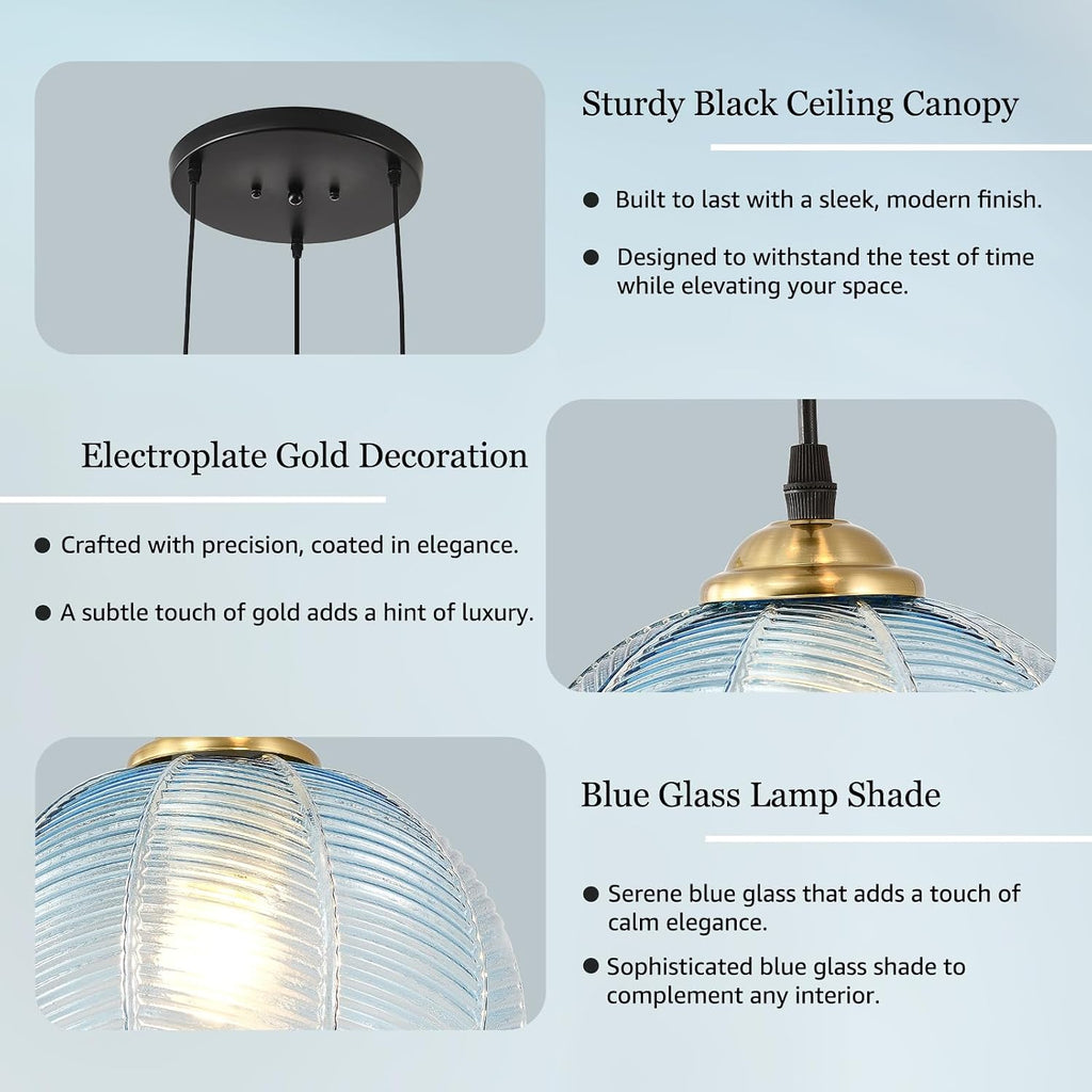3-Light Blue Glass Coastal Pendant Chandelier