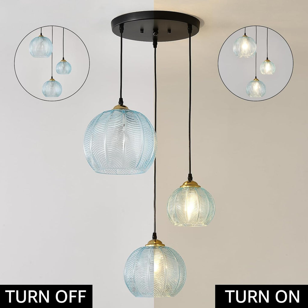 3-Light Blue Glass Coastal Pendant Chandelier