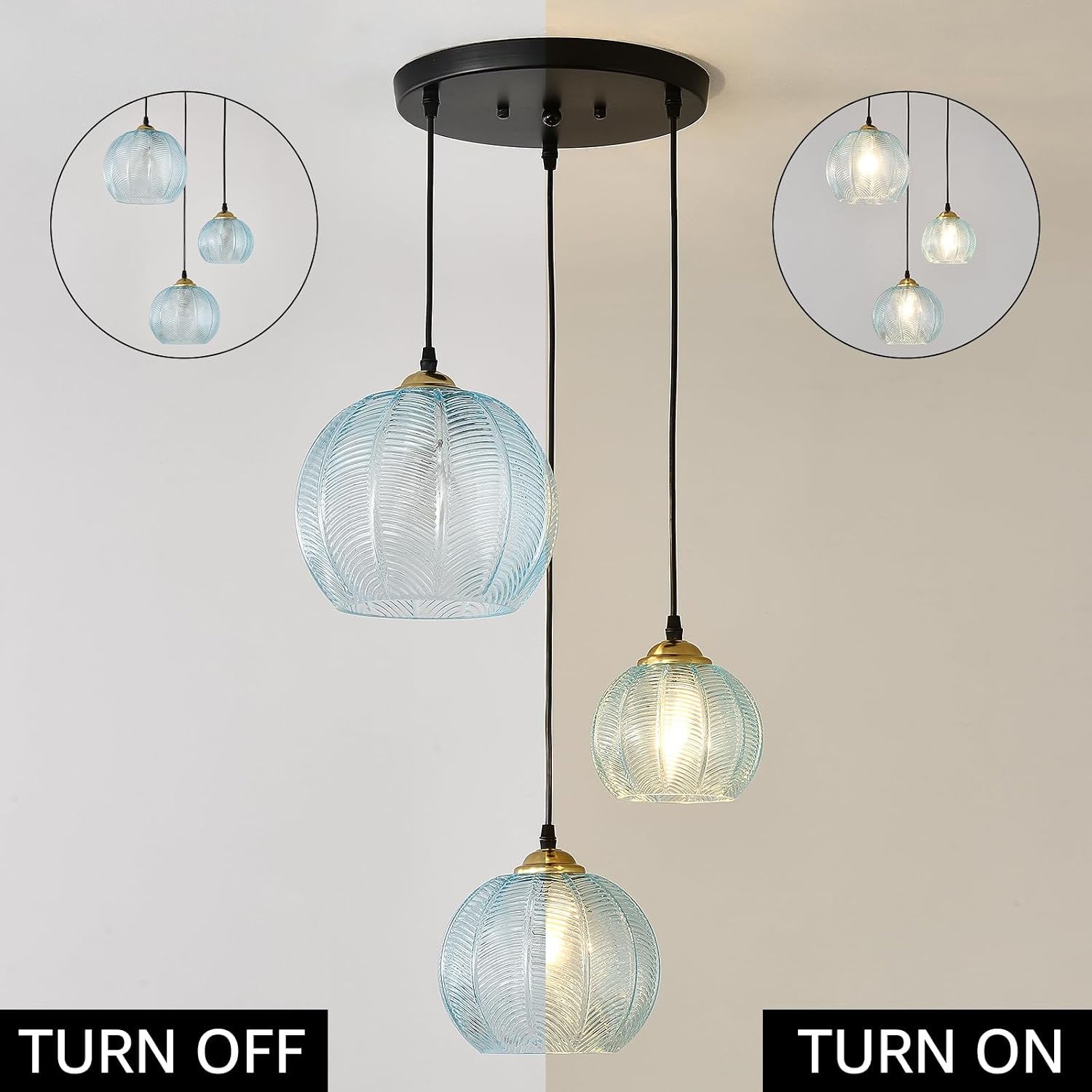 3-Light Blue Glass Coastal Pendant Chandelier