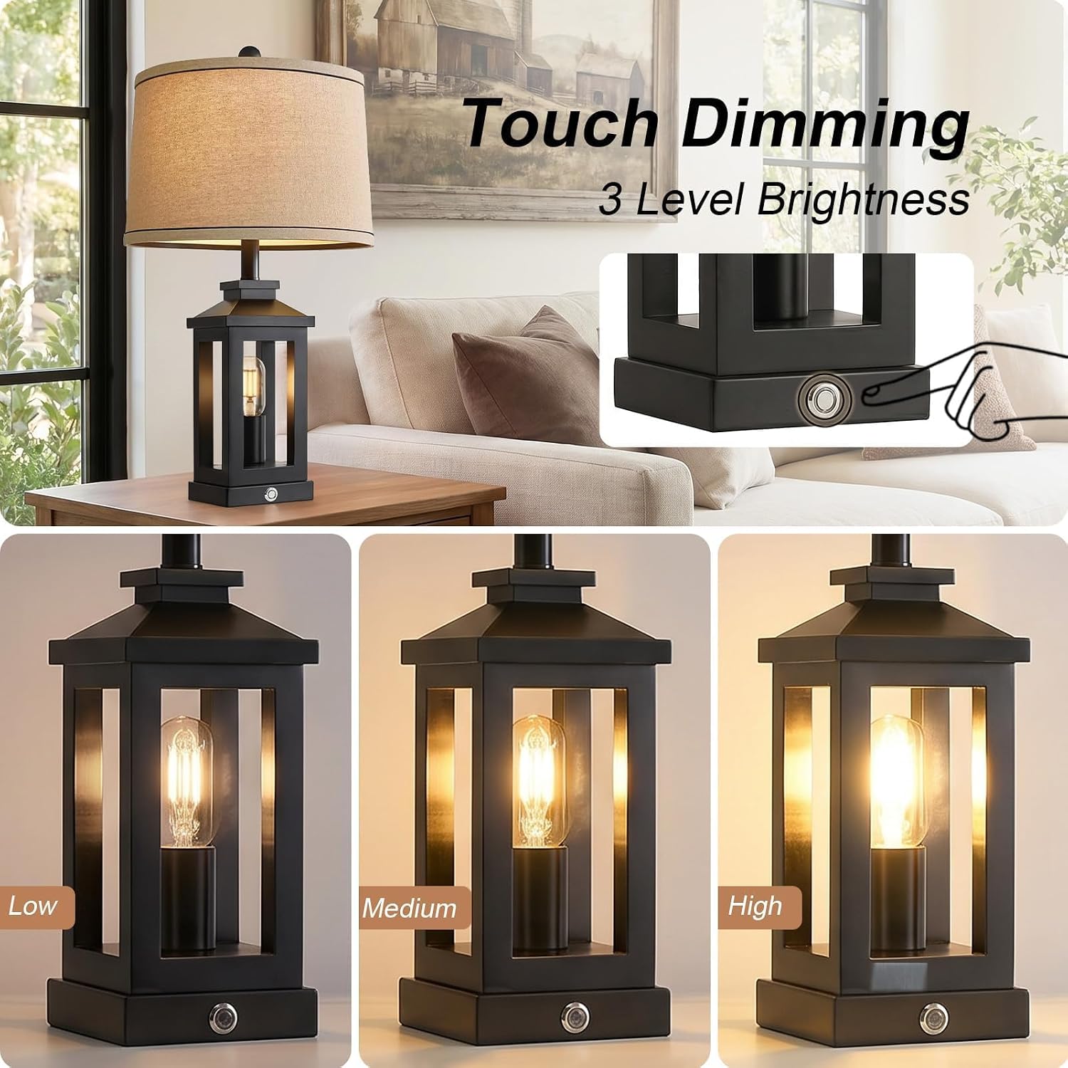 Black Farmhouse Table Lamps Set of 2 USB Ports