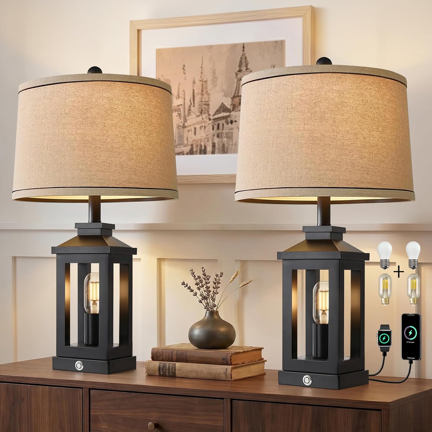 Black Farmhouse Table Lamps Set of 2 USB Ports