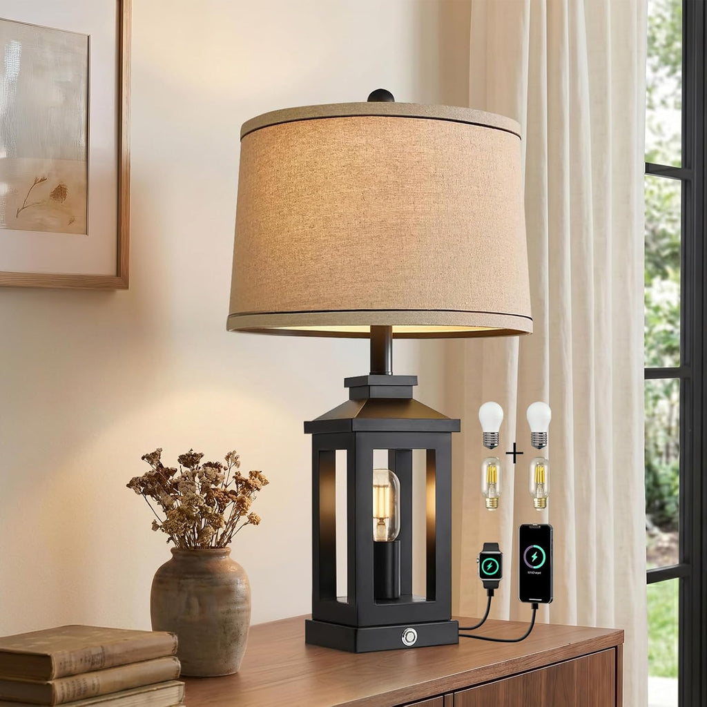 Touch Black Farmhouse Table Lamp USB Ports