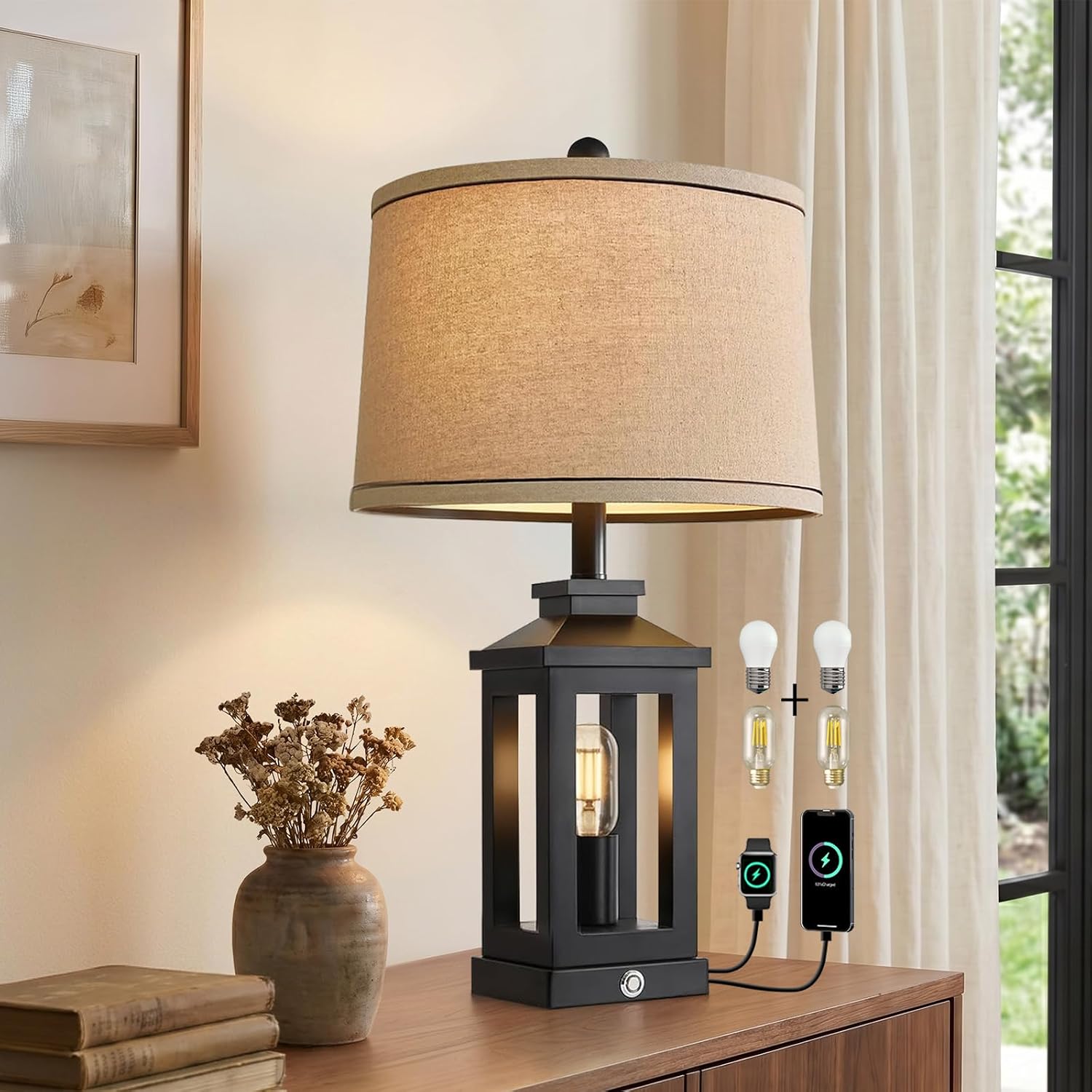 Touch Black Farmhouse Table Lamp USB Ports