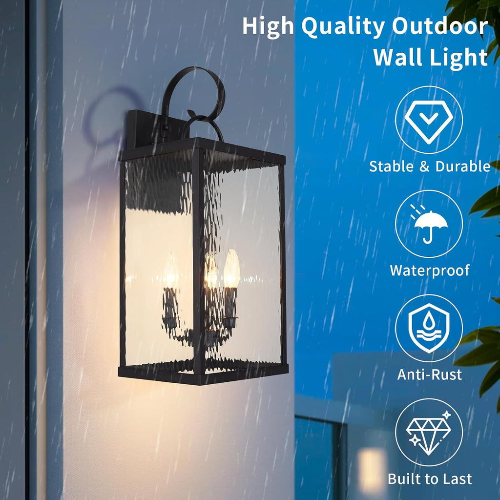 24 Inch Matte Black Outdoor Wall Lantern Water Ripple Glass