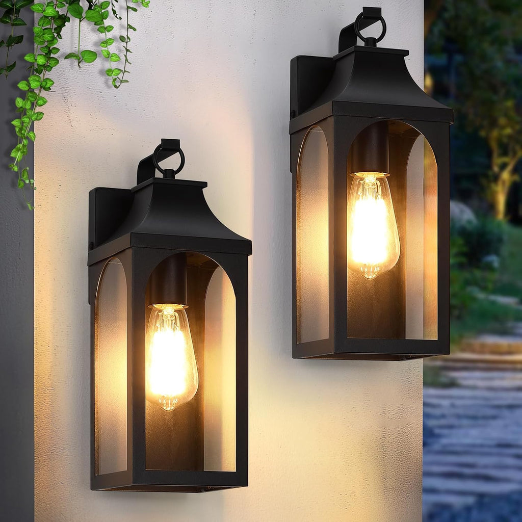2 Pack Matte Black Outdoor Wall Lantern Clear Glass