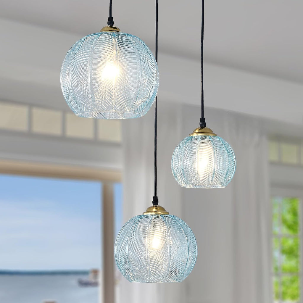 3-Light Blue Glass Coastal Pendant Chandelier