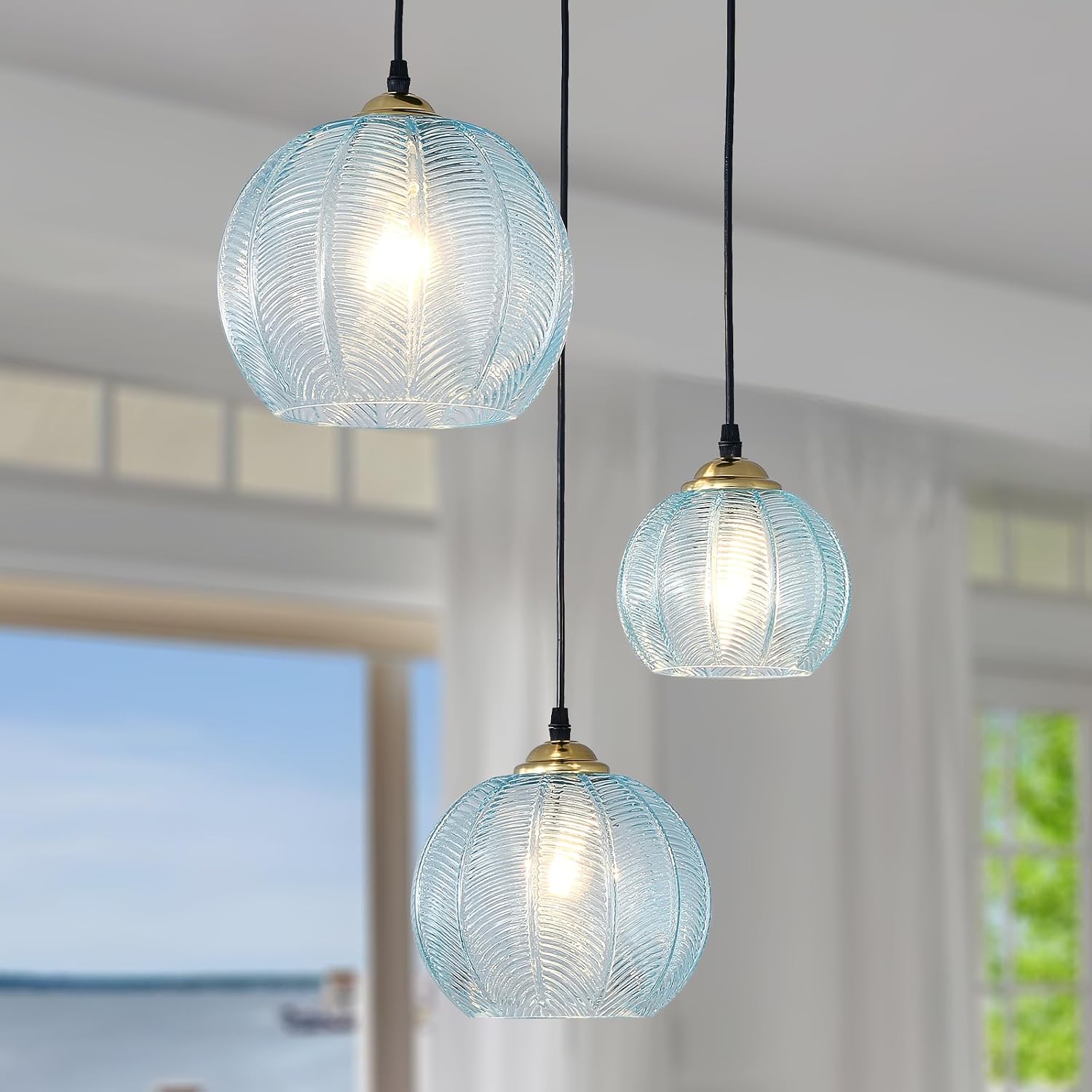 3-Light Blue Glass Coastal Pendant Chandelier