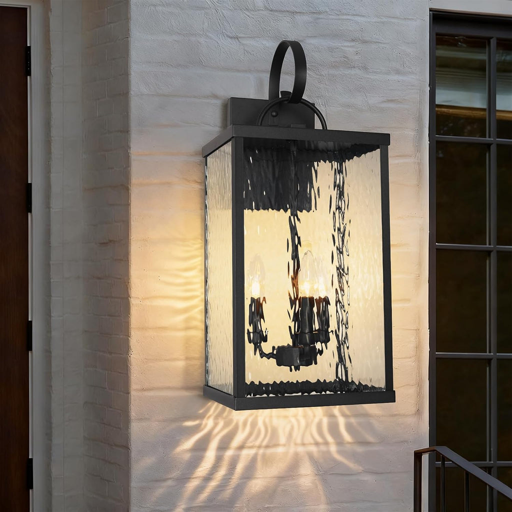 24 Inch Matte Black Outdoor Wall Lantern Water Ripple Glass