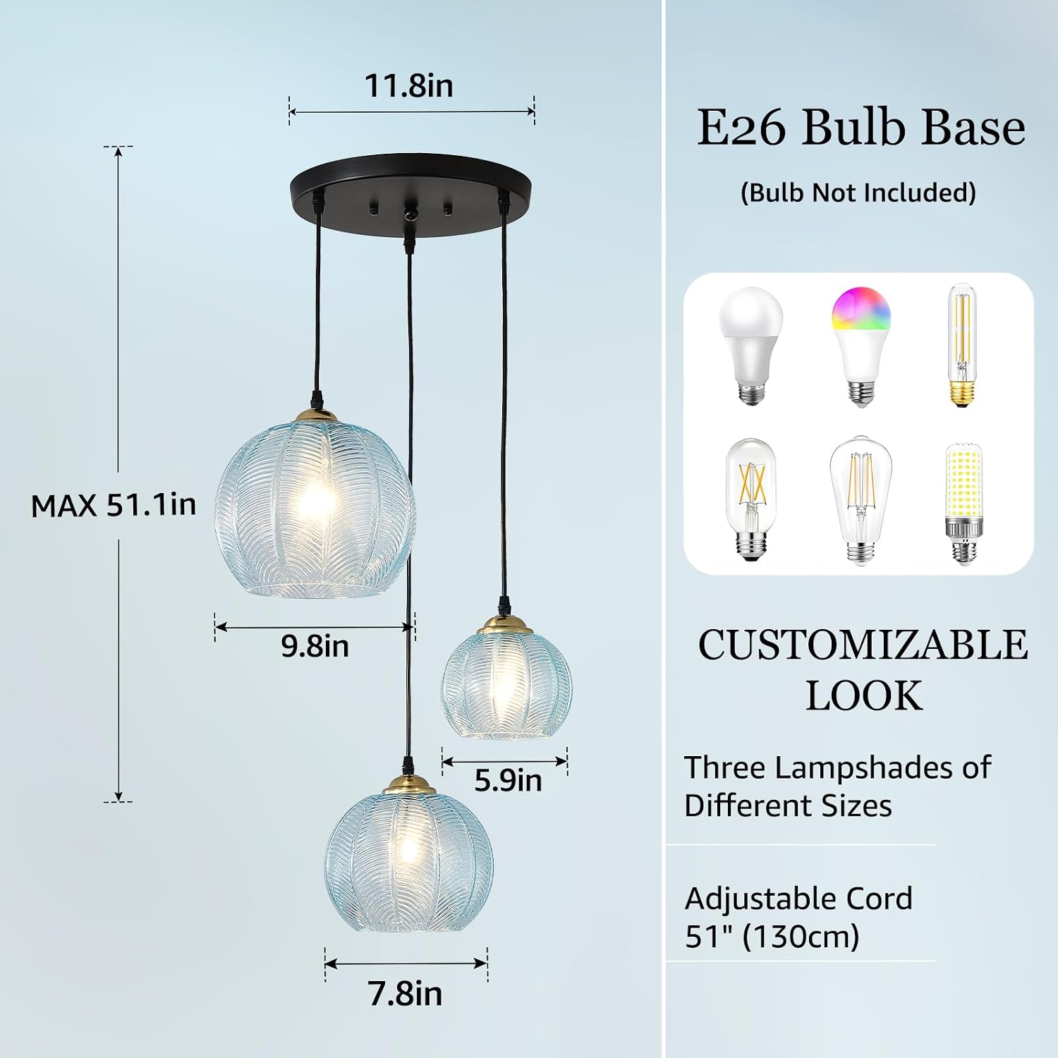 3-Light Blue Glass Coastal Pendant Chandelier