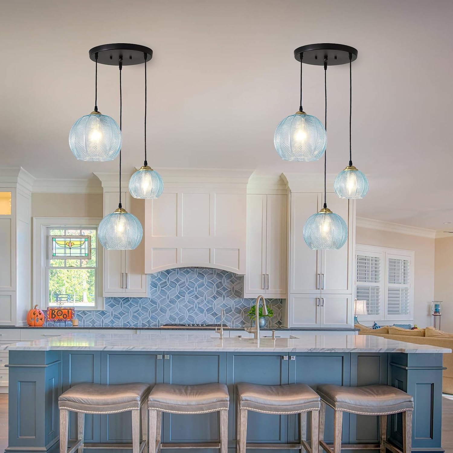 3-Light Blue Glass Coastal Pendant Chandelier
