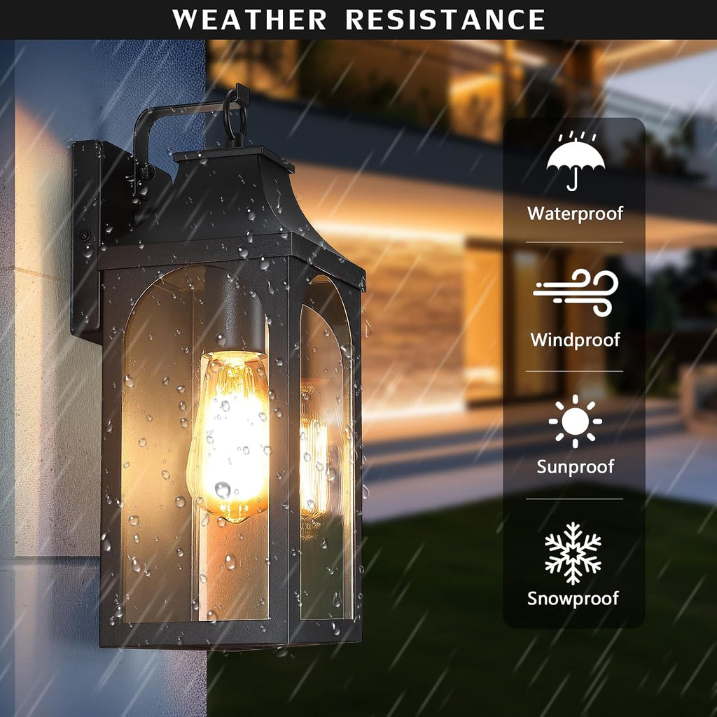 2 Pack Matte Black Outdoor Wall Lantern Clear Glass