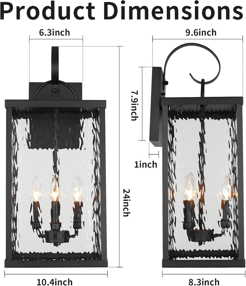 24 Inch Matte Black Outdoor Wall Lantern Water Ripple Glass