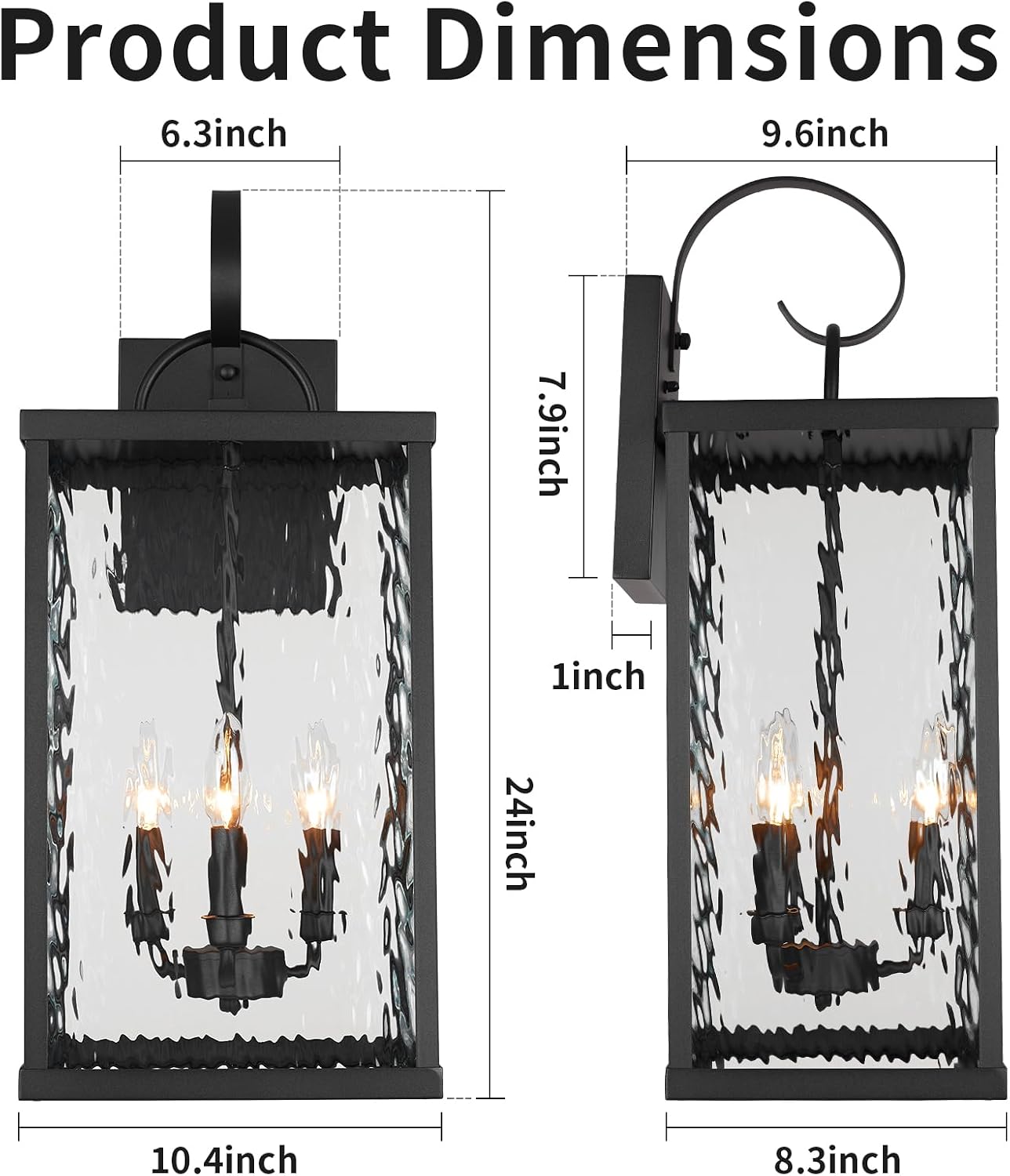 24 Inch Matte Black Outdoor Wall Lantern Water Ripple Glass