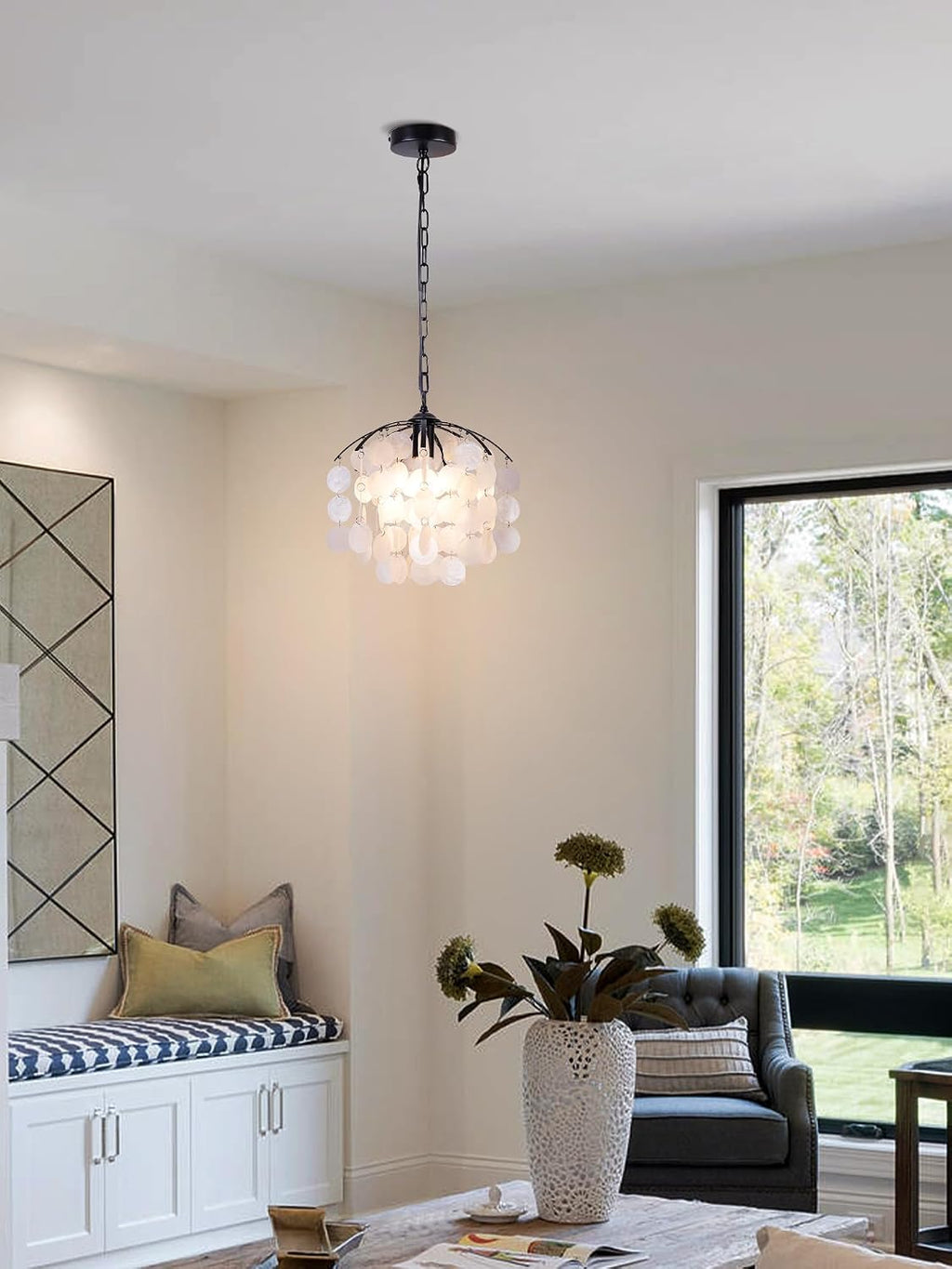 Black Capiz Shell Coastal Pendant Light 12.6 Inch