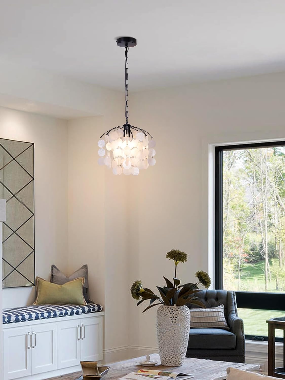 Black Capiz Shell Coastal Pendant Light 12.6 Inch