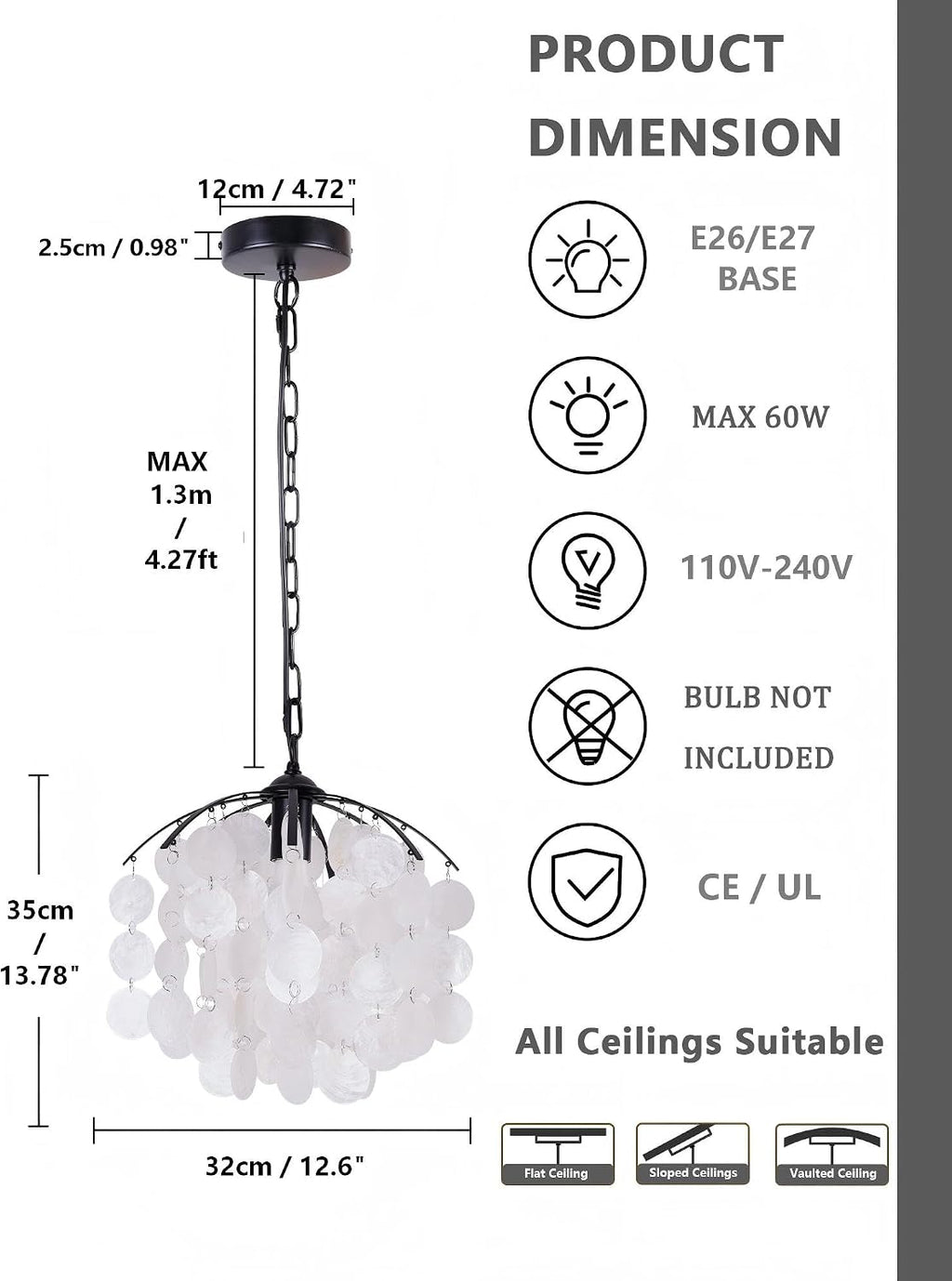 Black Capiz Shell Coastal Pendant Light 12.6 Inch