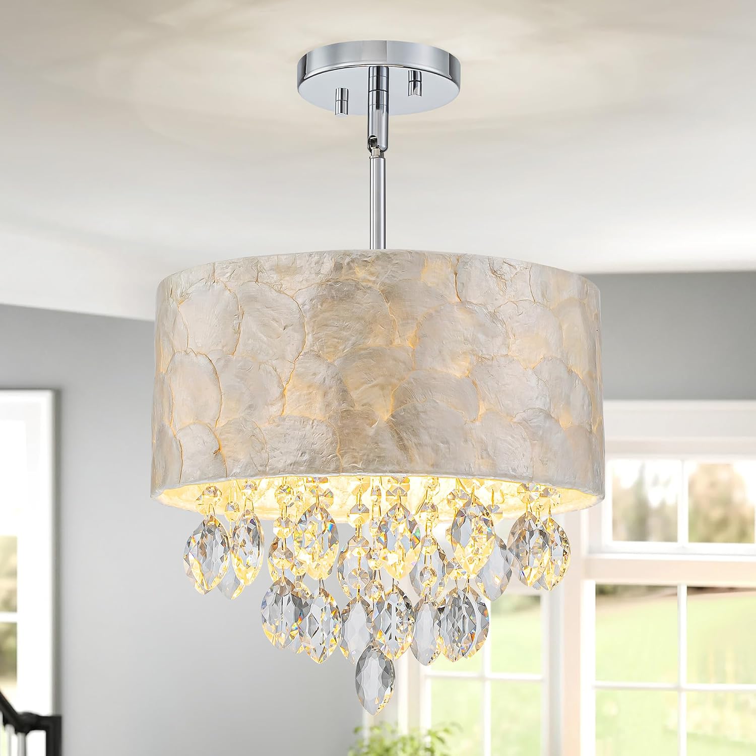 3-Light Capiz Shell Crystal Coastal Chandelier