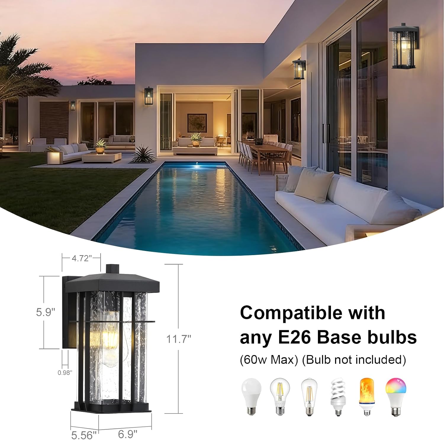 Matte Black Outdoor Wall Lantern Seeded Glass