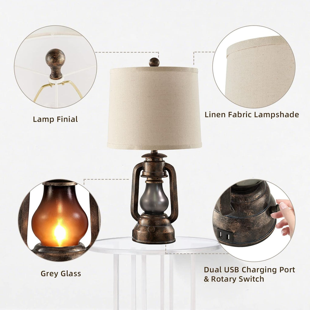 Farmhouse Lantern Table Lamps Set of 2 USB Ports