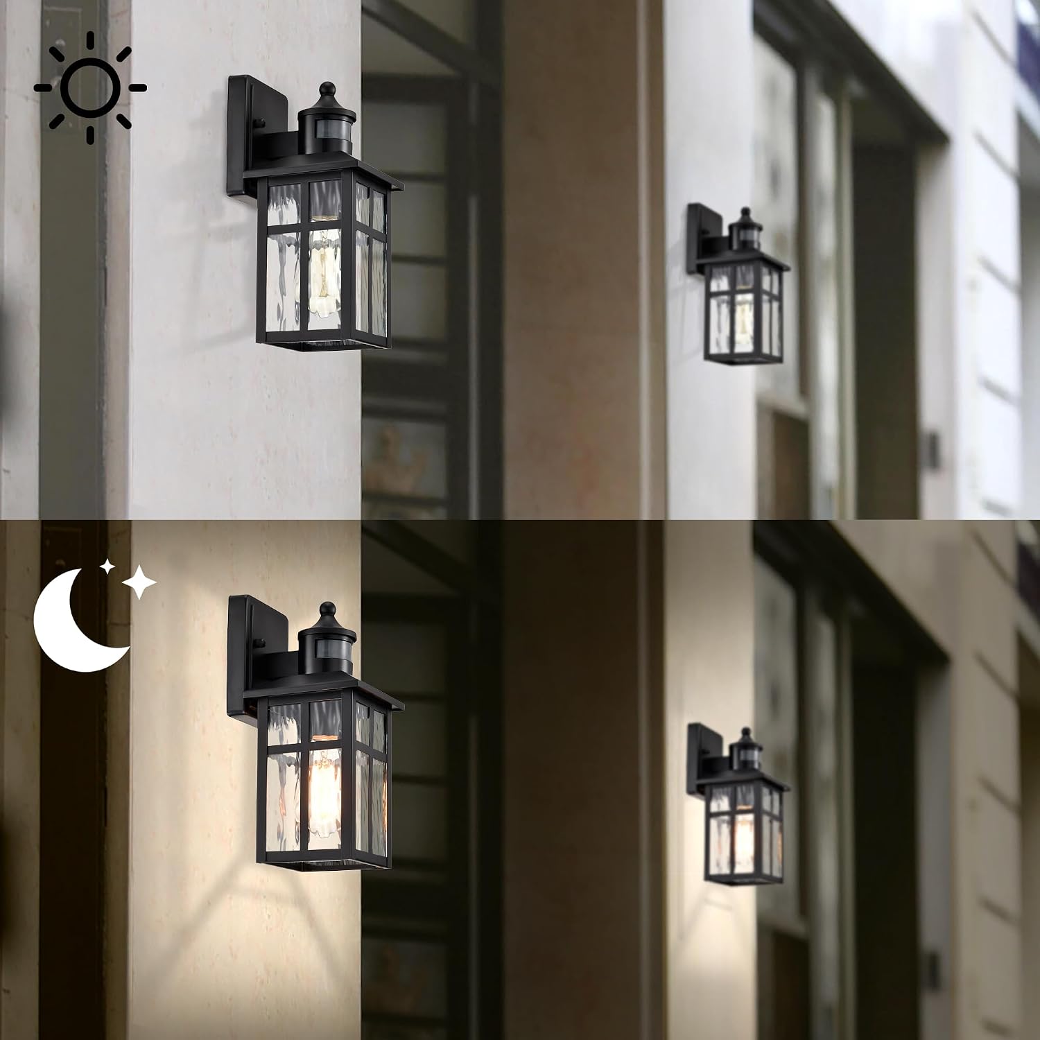 Motion Sensor Matte Black Wall Lantern 12 Inch