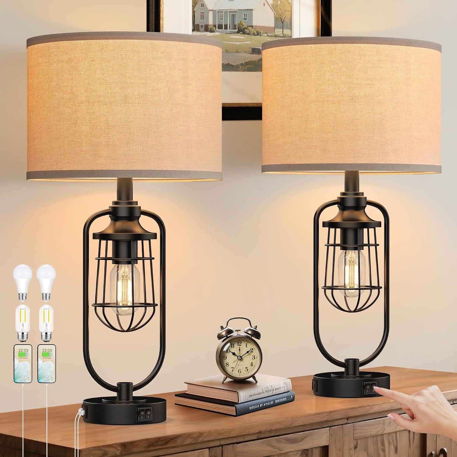 Farmhouse Black Table Lamps Set of 2 USB Ports