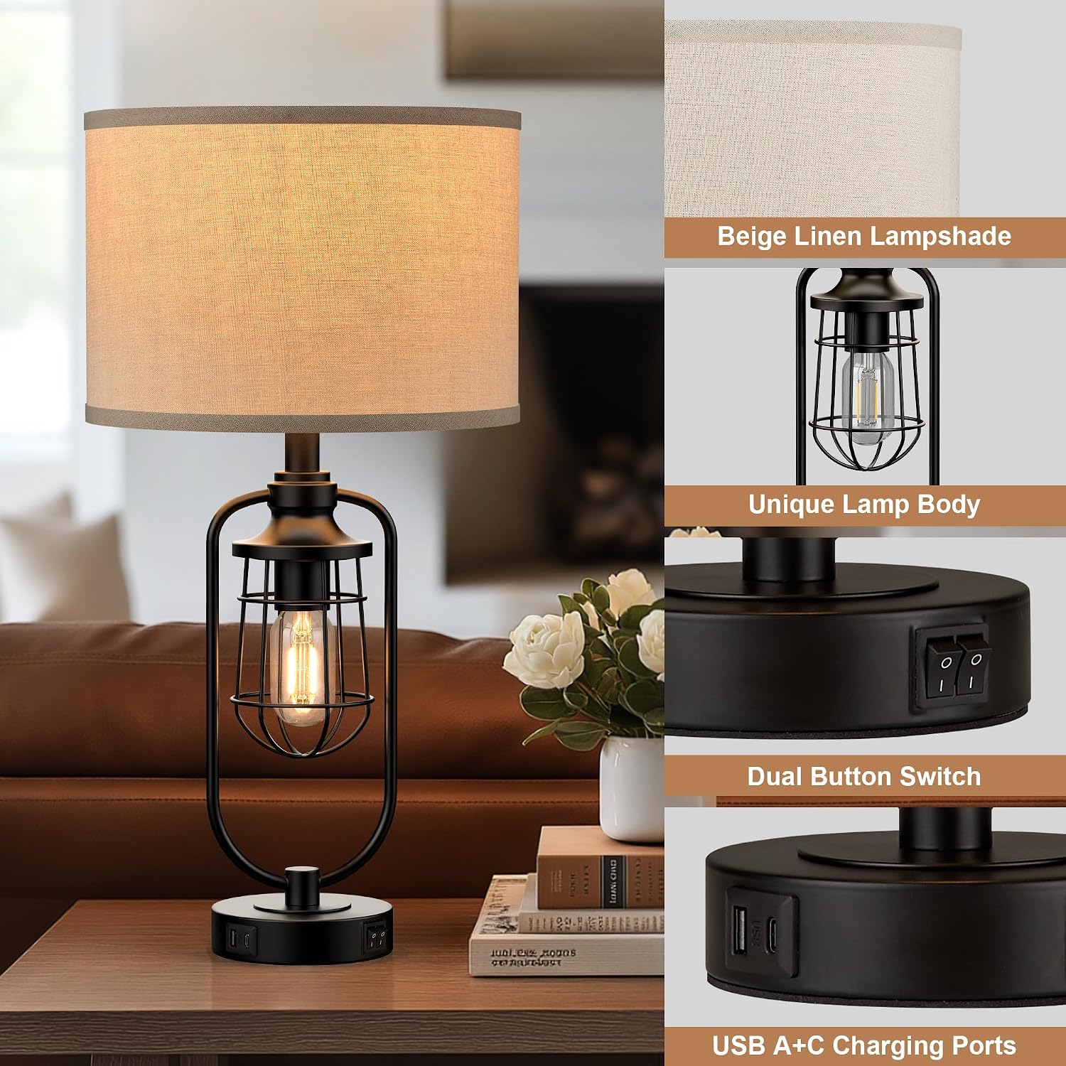 Farmhouse Black Table Lamps Set of 2 USB Ports