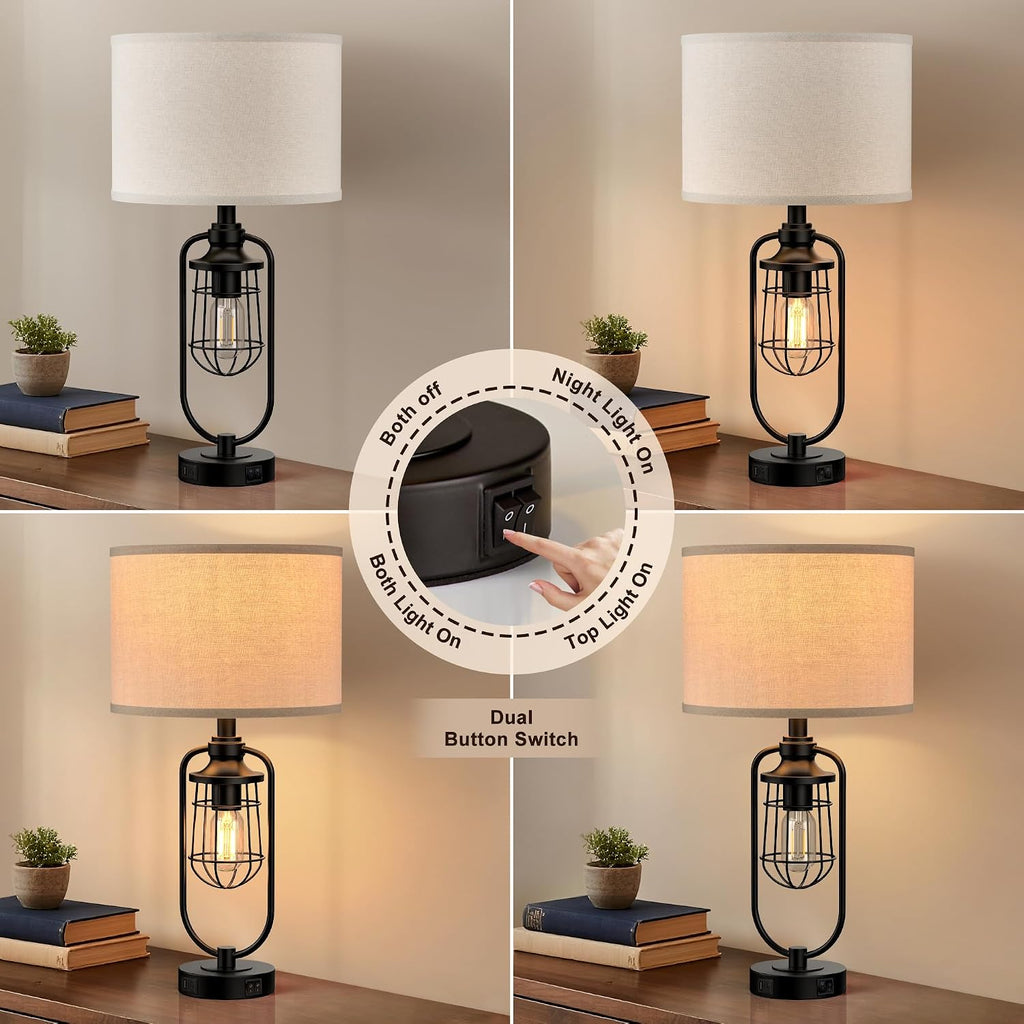 Farmhouse Black Table Lamps Set of 2 USB Ports