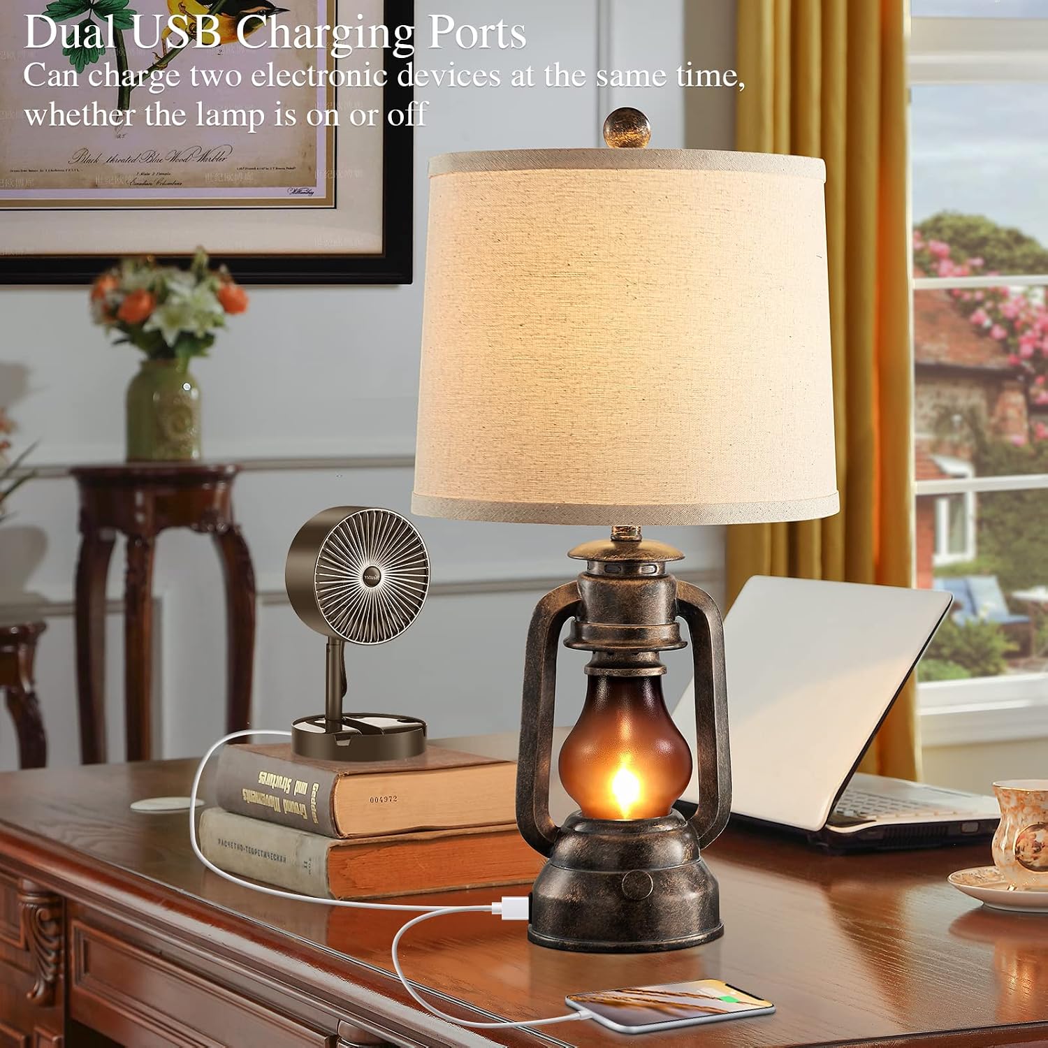 Farmhouse Lantern Table Lamps Set of 2 USB Ports