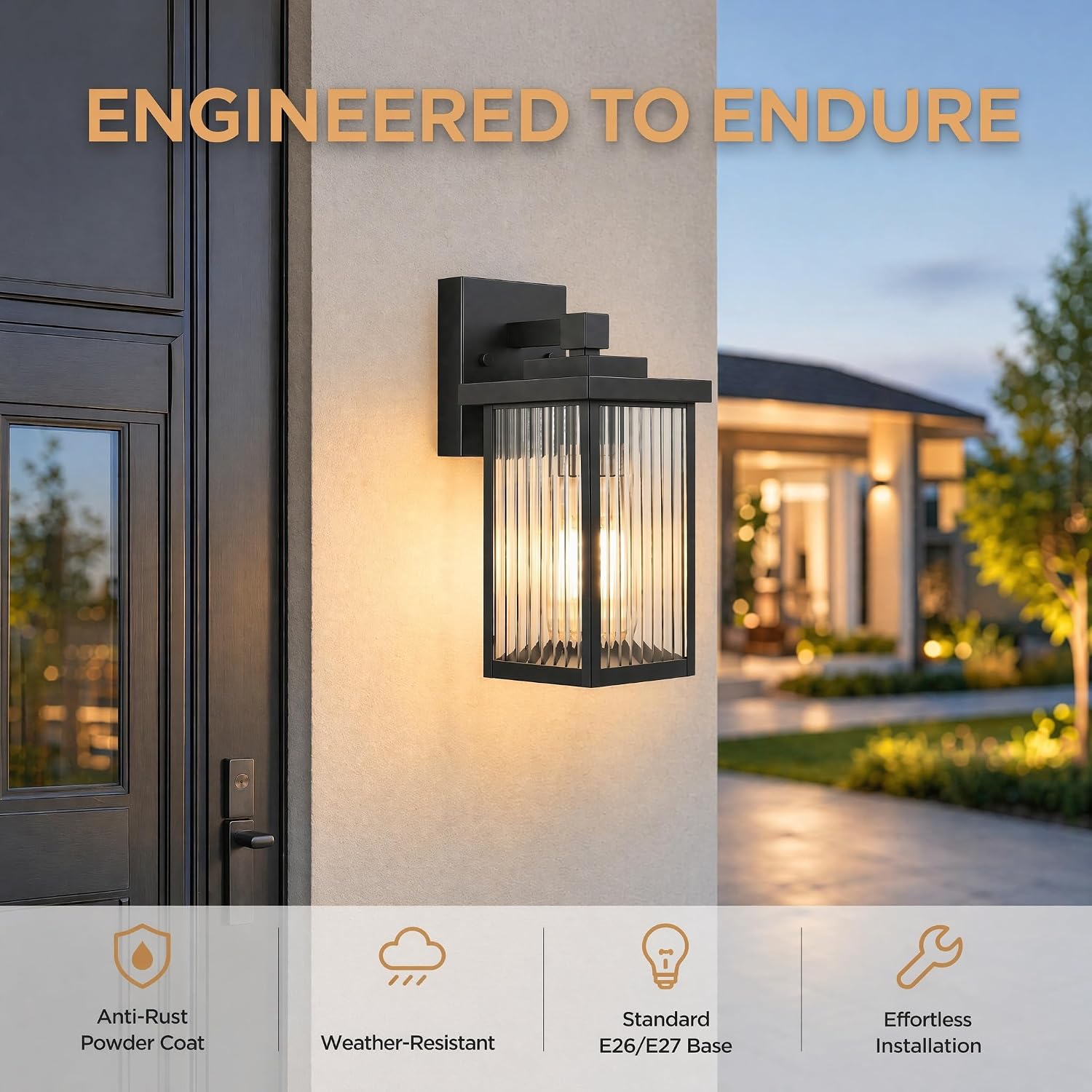Matte Black Outdoor Wall Light Textured Glass 10.6 Inch