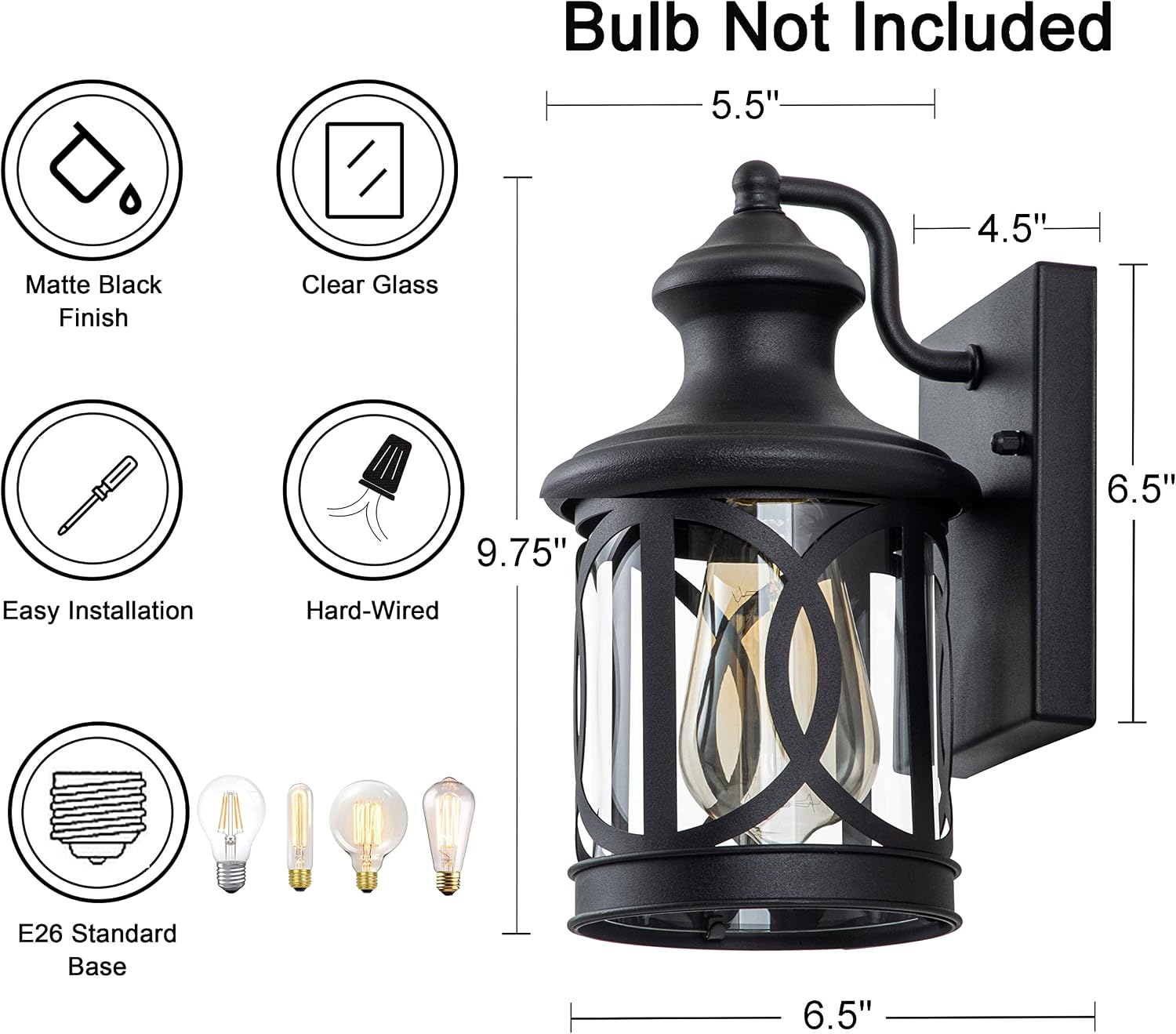 2 Pack Matte Black Outdoor Wall Sconce Clear Glass
