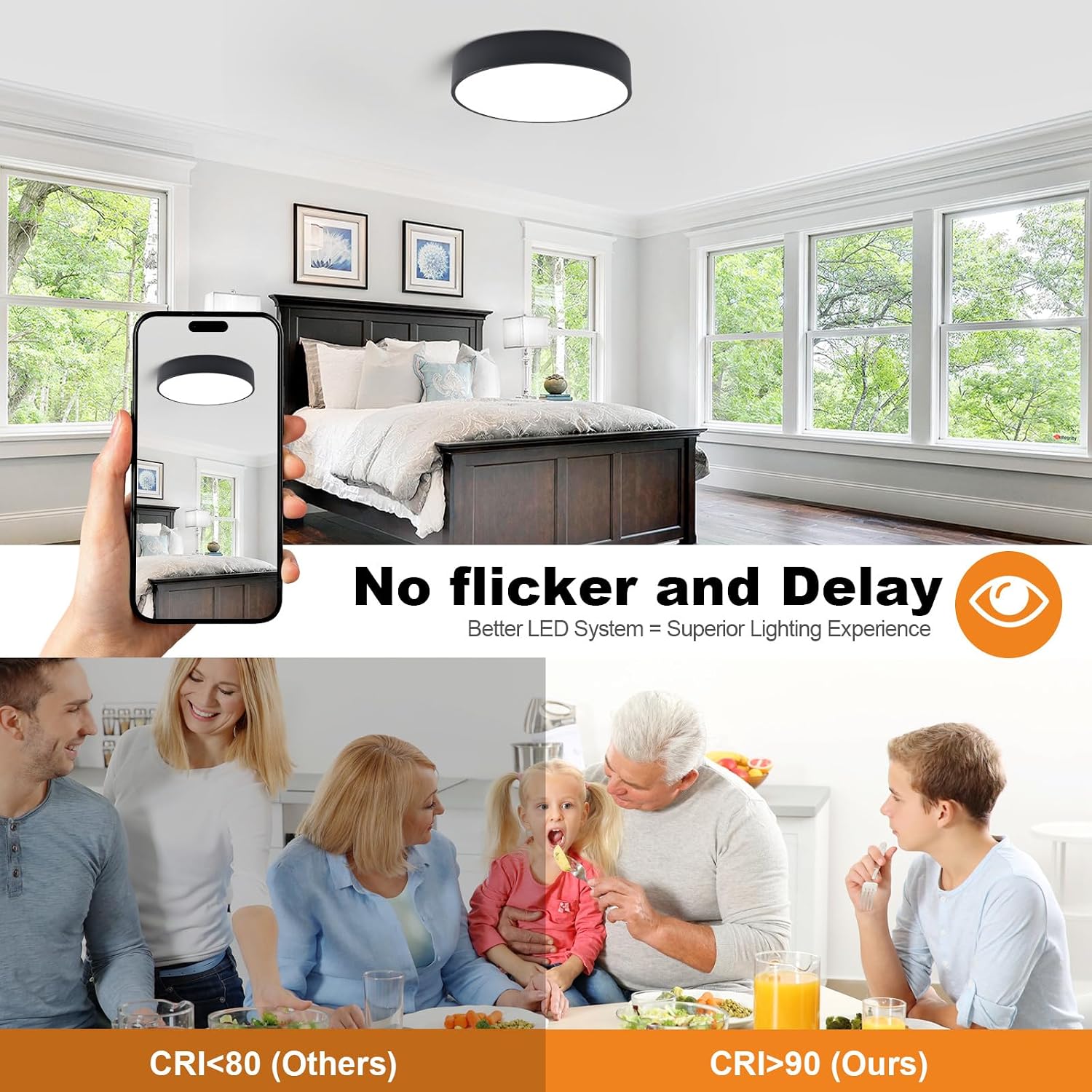 Black Round LED Flush Mount Ceiling Light 5CCT