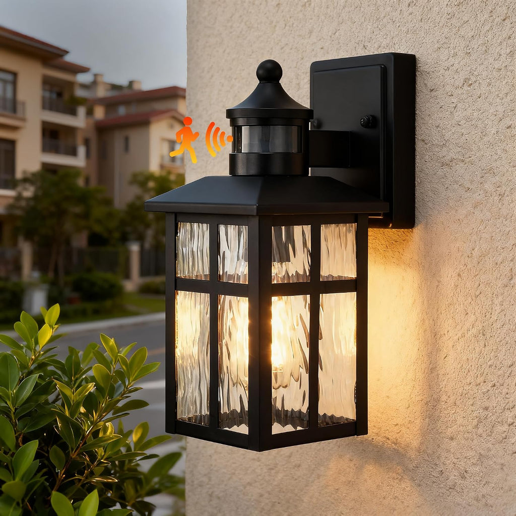 Motion Sensor Matte Black Wall Lantern 12 Inch