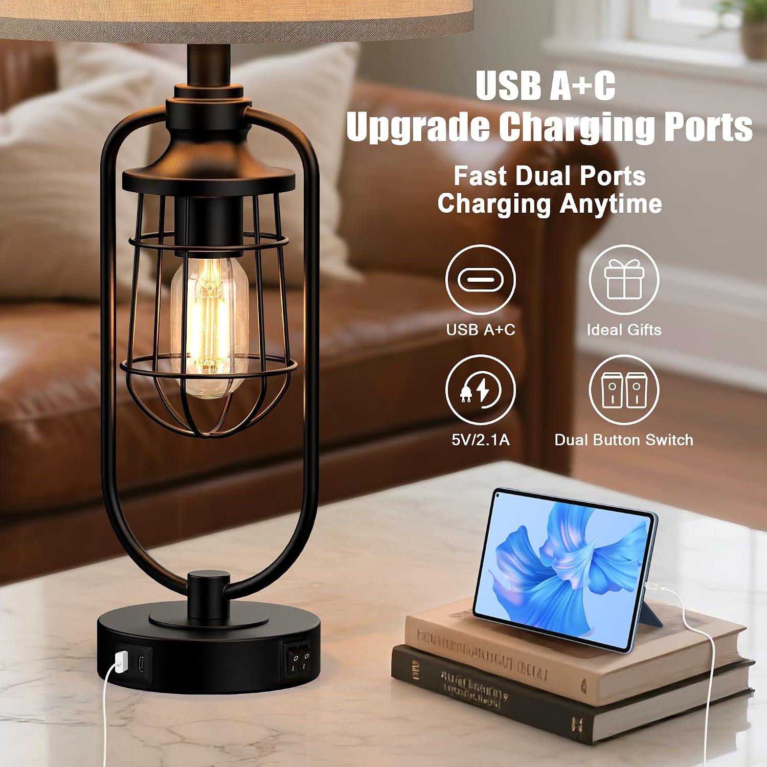 Farmhouse Black Table Lamps Set of 2 USB Ports