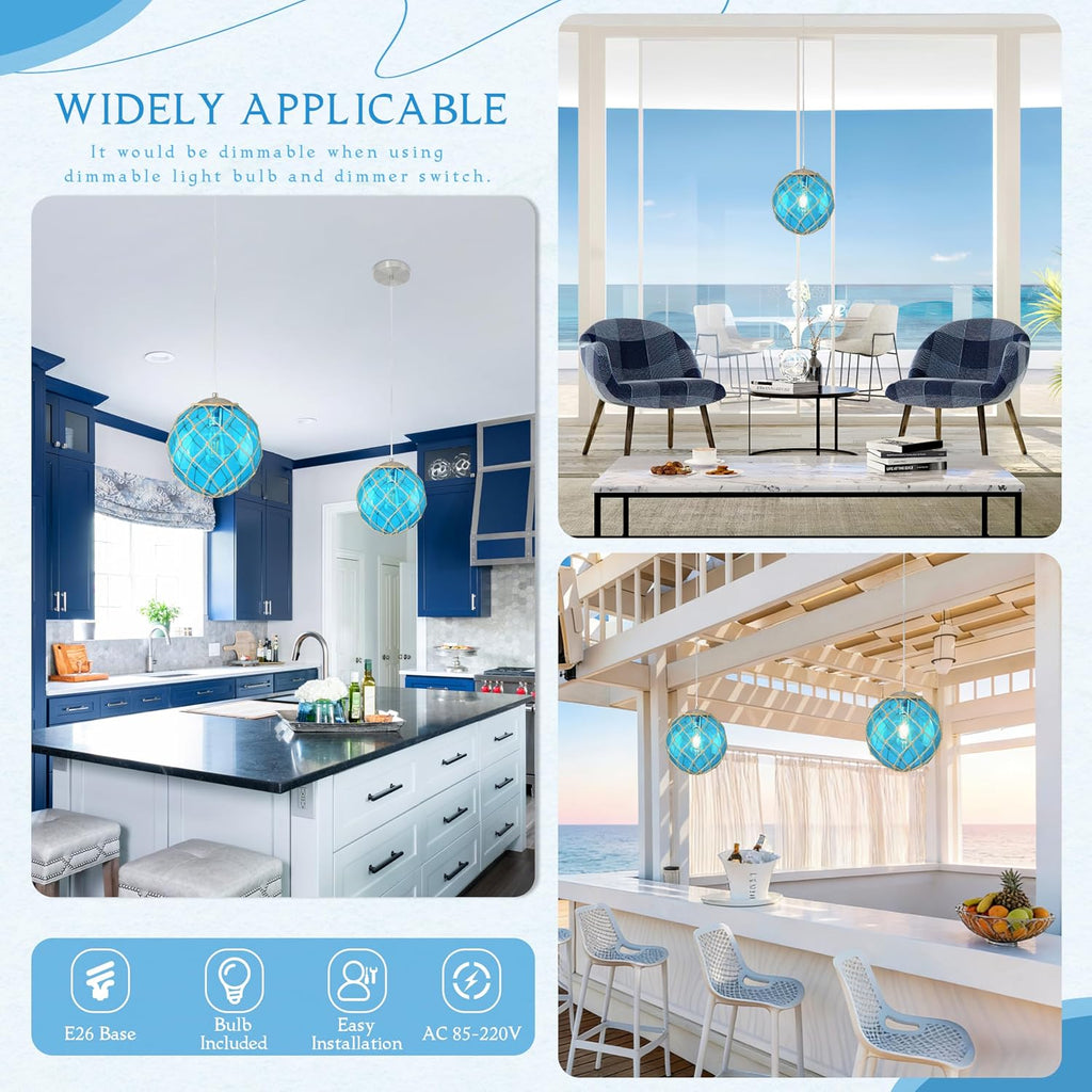 Blue Glass Coastal Pendant Light Hemp Rope 10 Inch