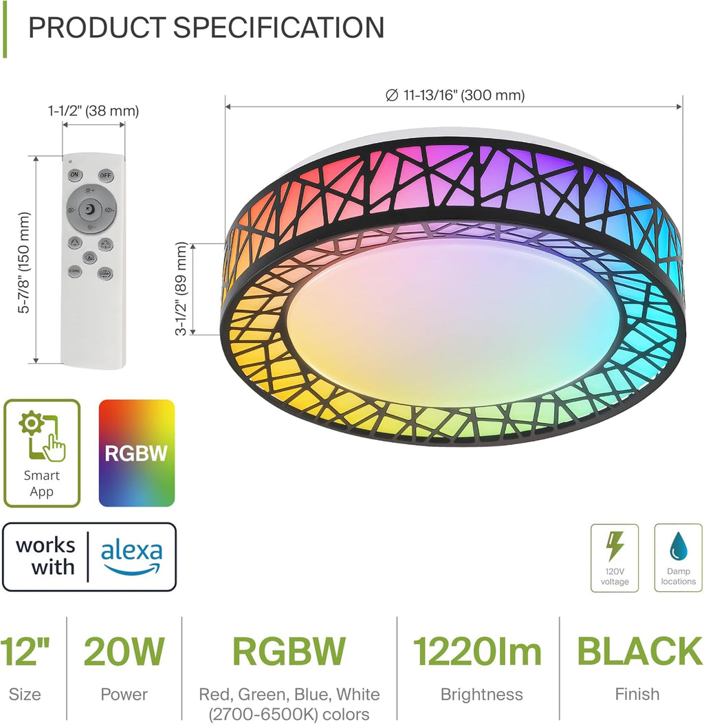 Smart RGBW Matte Black Ceiling Light 12 Inch