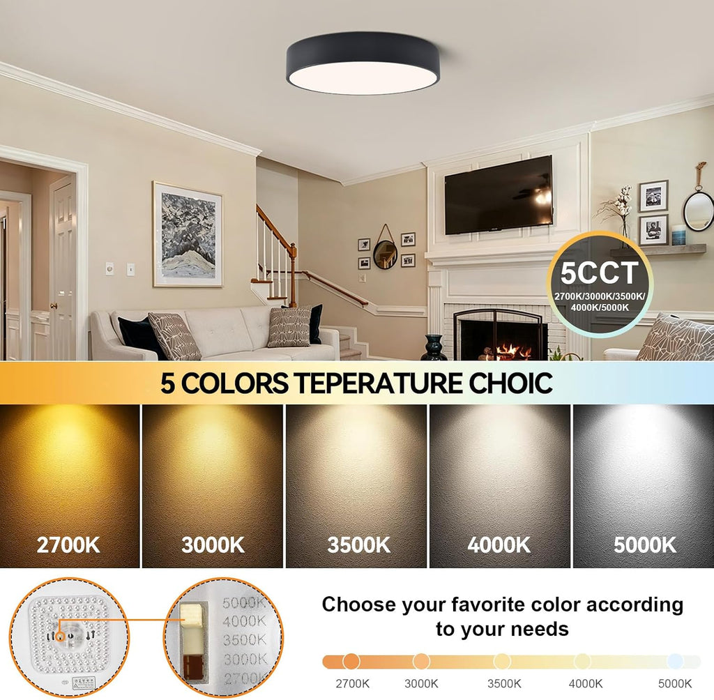 Black Round LED Flush Mount Ceiling Light 5CCT