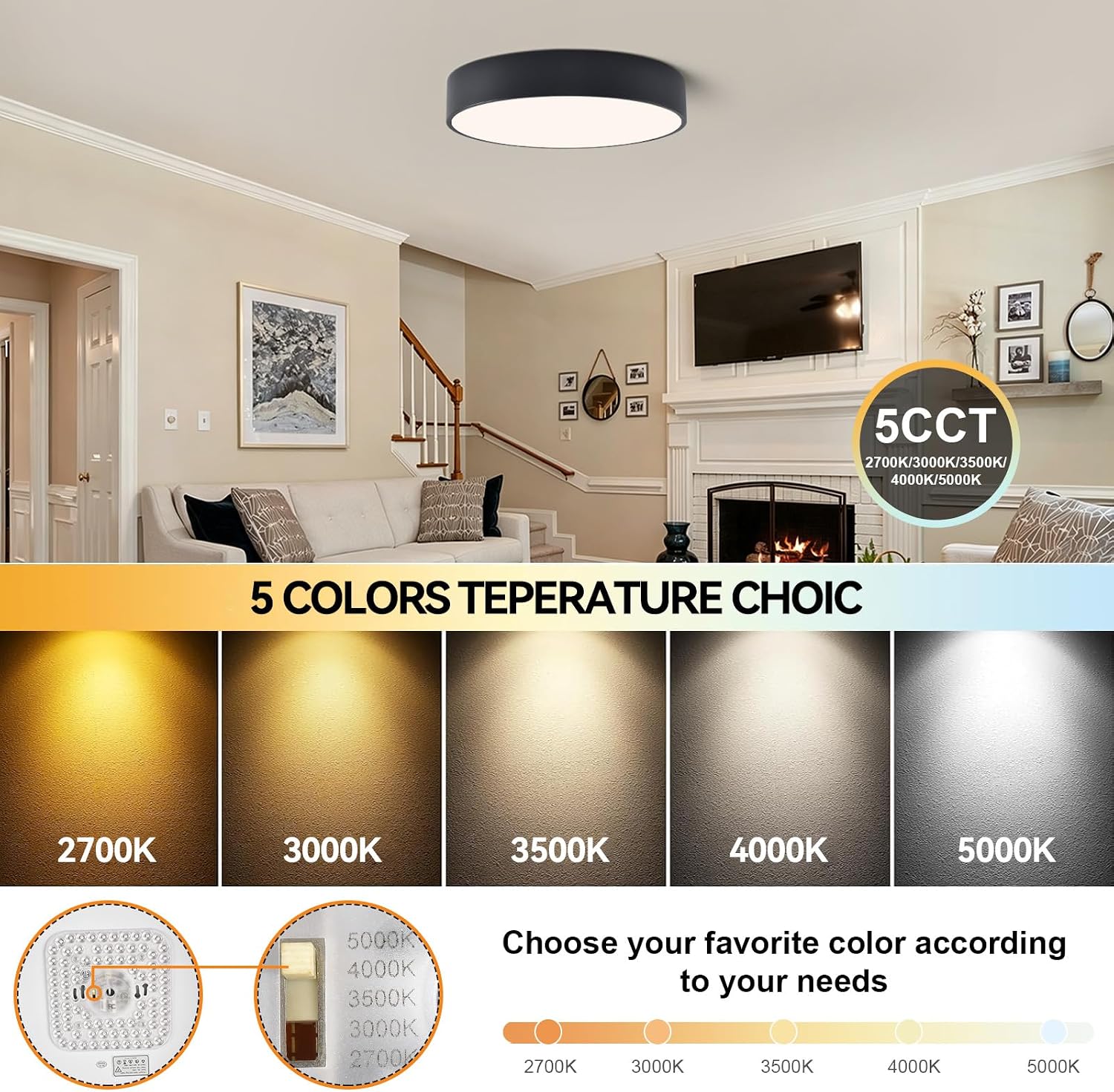 Black Round LED Flush Mount Ceiling Light 5CCT