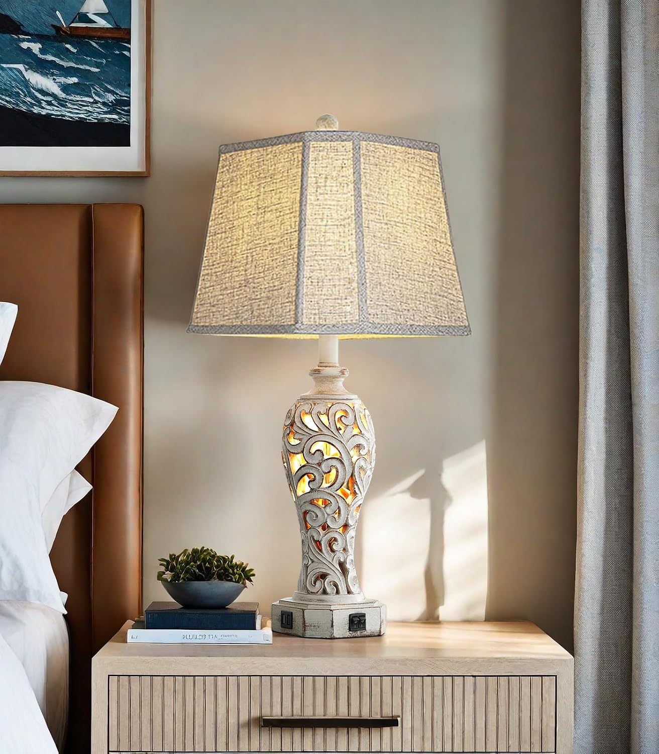 Hollow Resin Farmhouse Table Lamp USB Nightlight