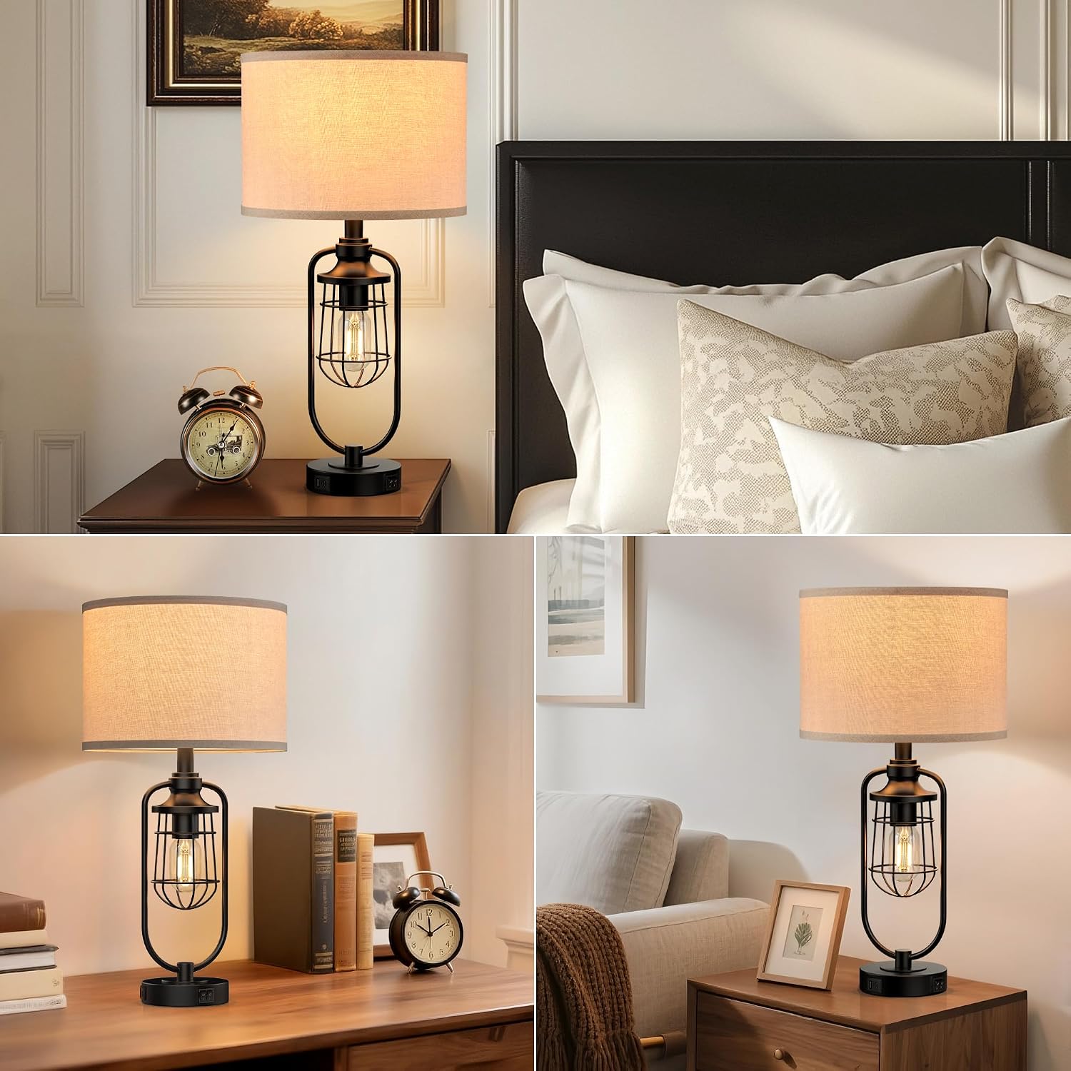 Farmhouse Black Table Lamps Set of 2 USB Ports