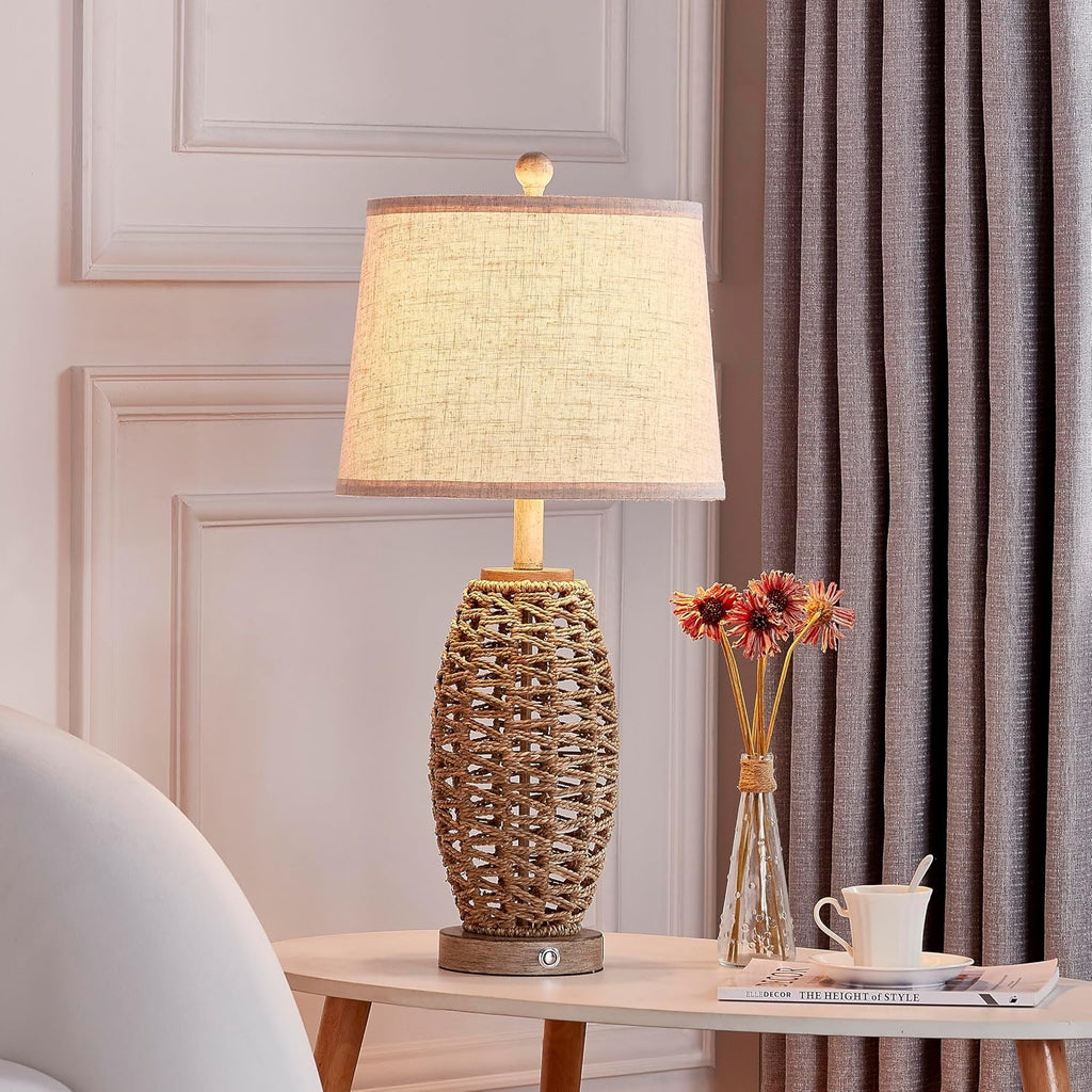 Rattan Touch Table Lamps Set of 2 USB Charging