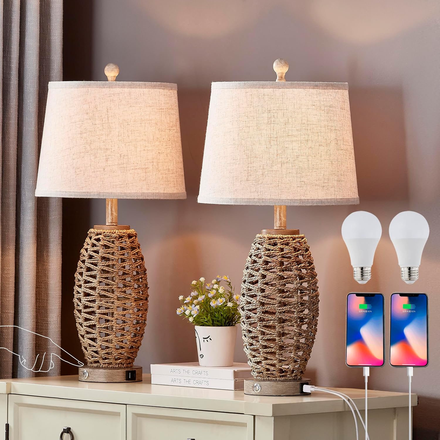 Rattan Touch Table Lamps Set of 2 USB Charging