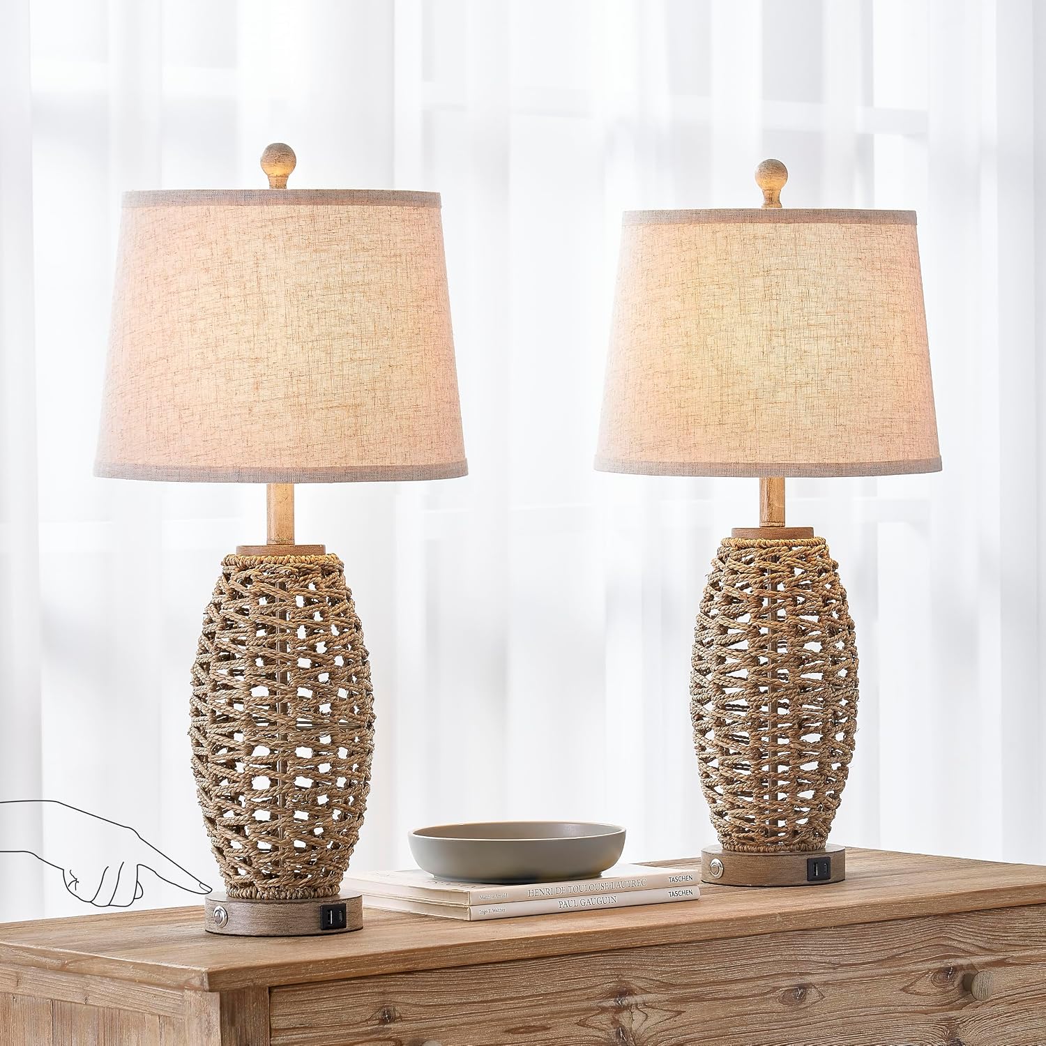 Rattan Touch Table Lamps Set of 2 USB Charging
